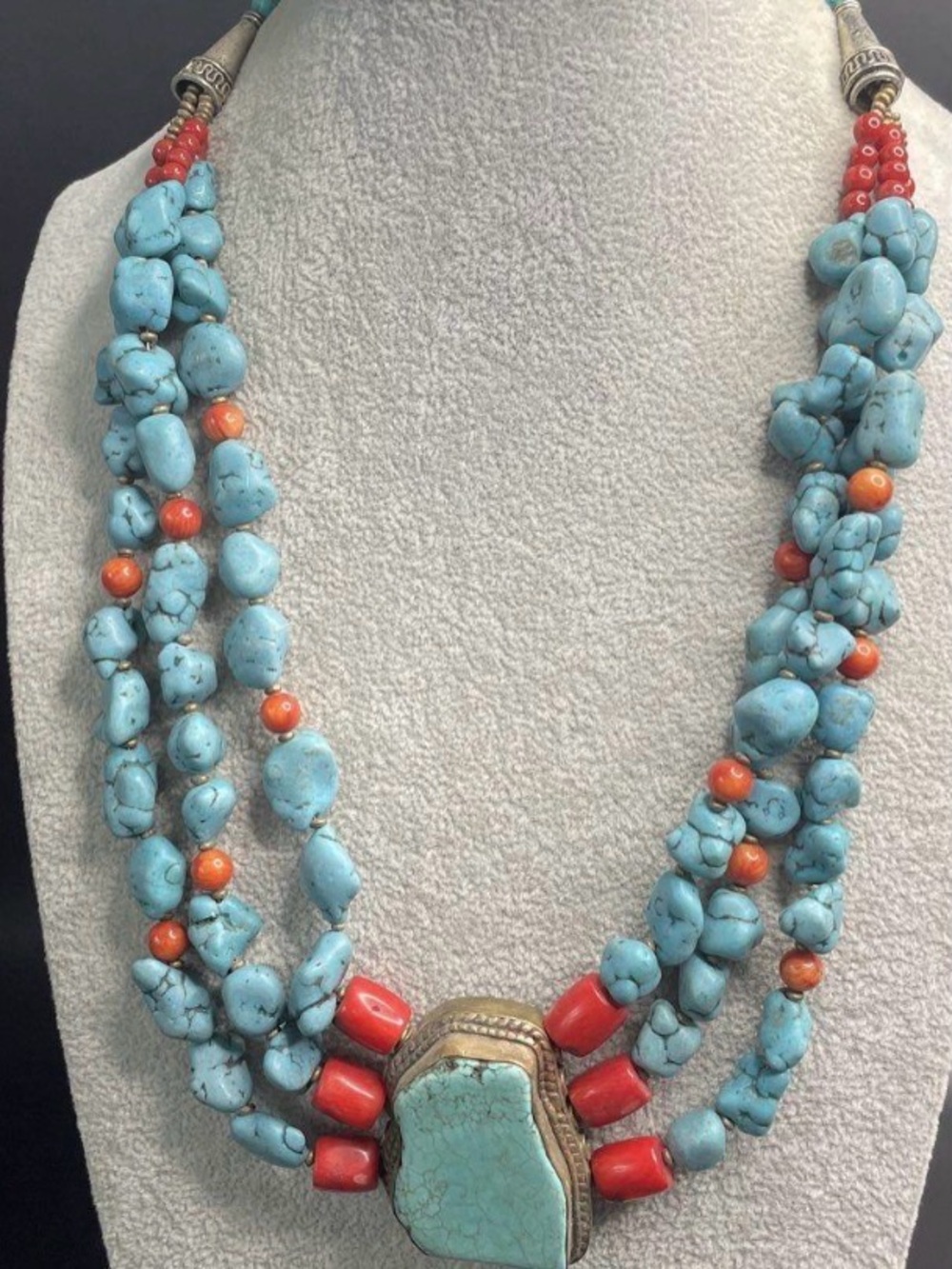 Brass Turquoise Coral Multi-ethnic style necklace- at 159g